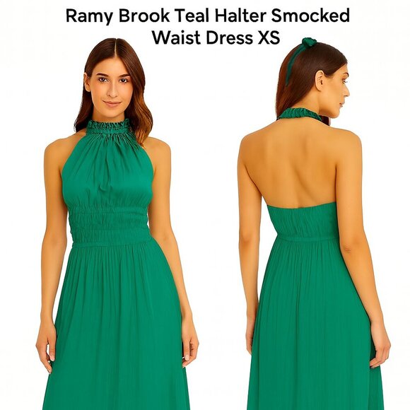Ramy Brook Teal Halter Smocked Waist Midi Dress XS - Picture 1 of 8